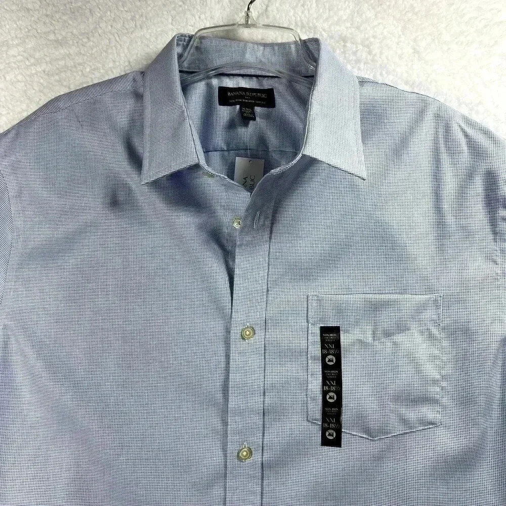 Banana Republic Men's XXL Basic Blue SlimFit Untucked NonIron Grid Pattern Shirt